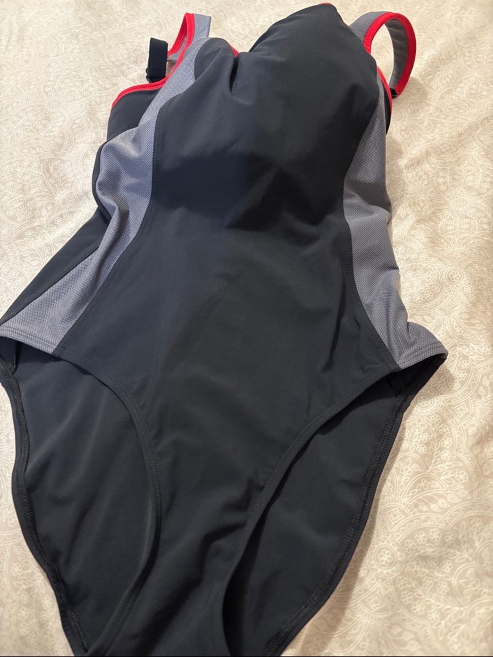 Panache Sport Black Swimsuit with Gray Panels and Gold Logo